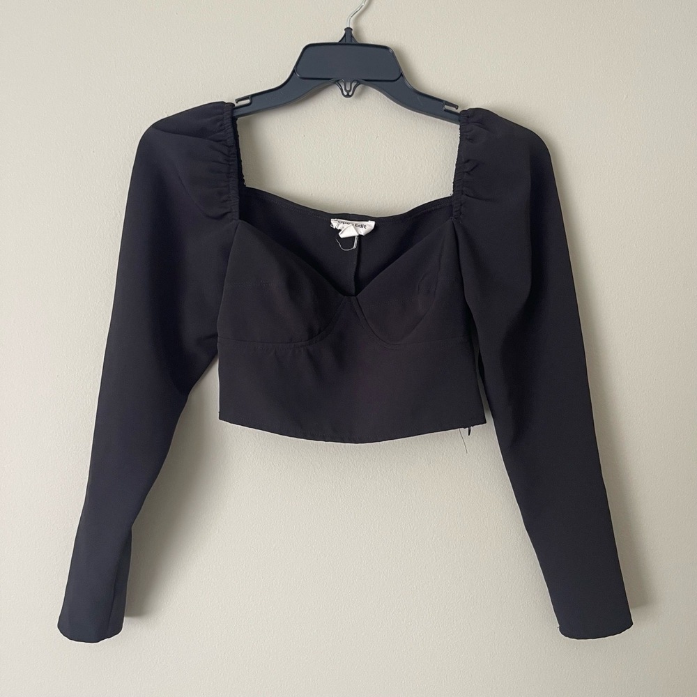 Open Edit Top Womens Small Black Cropped Long Sleeve Square Neck Ruched Shoulder
